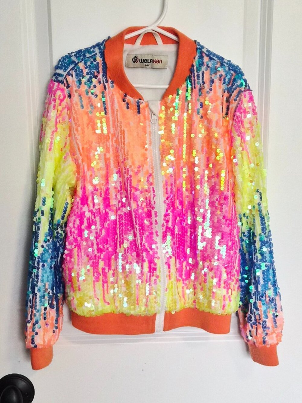 Welaken Kids Girls Sequin Bomber Jacket Rainbow Sparkle Zip Up